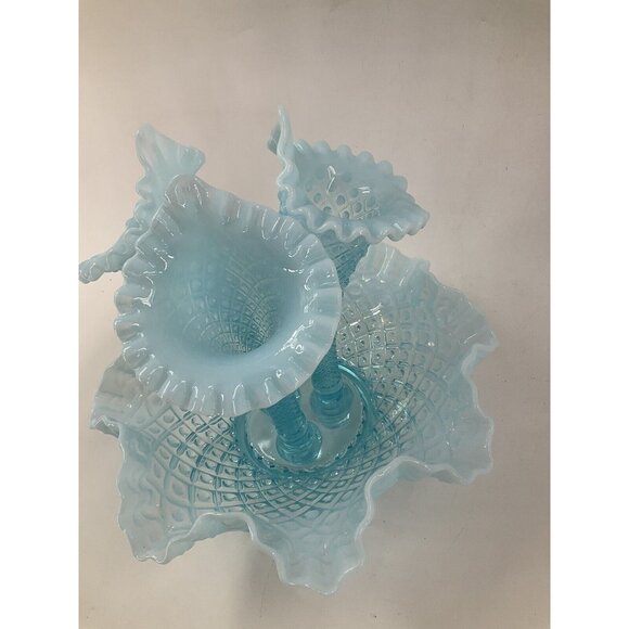 FENTON Glass 10" Flower EPERGNE Sea Blue Opalescent Hobnail Diamond Lace, MINT!! - Picture 4 of 16